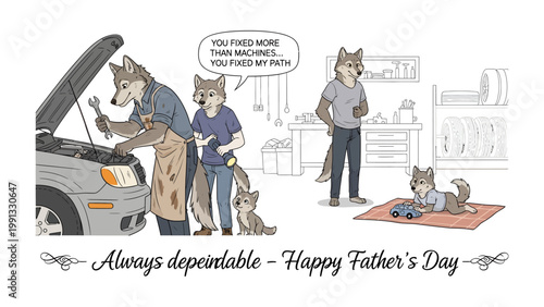 Father's Day Cartoon: A heartwarming cartoon illustration celebrating fatherhood, depicting a wolf-like figure in various scenes of care, guidance, and repair.