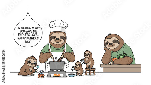 Sloth Family Celebration: An illustration of a sloth family celebrates Father's Day, with the father figure cooking, the children expressing their love, and an overall sense of warmth and affection.