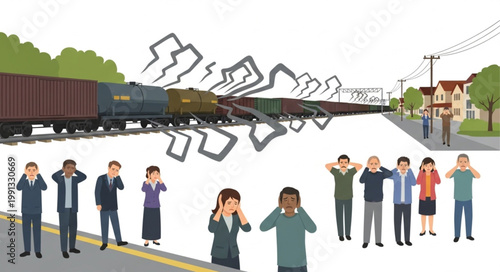 People covering ears from loud train noise pollution illustration.