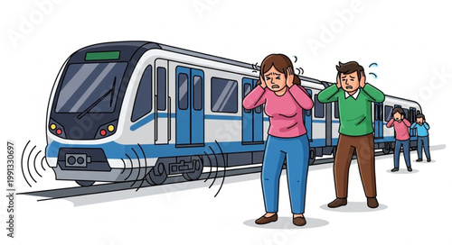 People covering ears from loud train noise pollution.