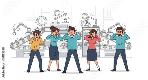 People covering ears in distress with machinery background.