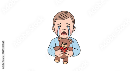 Sad little boy crying with teddy bear.