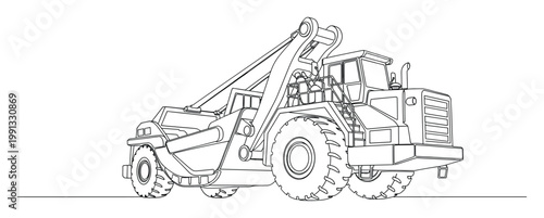 Single continuous line drawing of a heavyduty wheel loader construction vehicle for industrial design projects