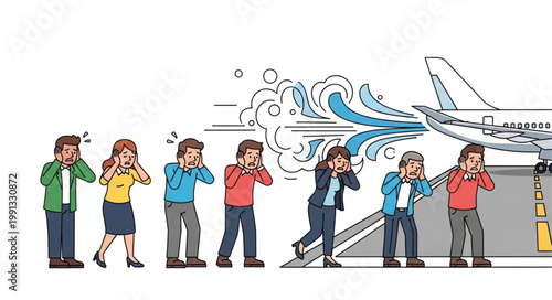 People Covering Ears Near Airplane During Loud Noise.