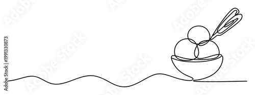 Elegant continuous line art drawing of ice cream scoops in a dessert bowl with a spoon, perfect for culinary projects and sweet treat branding.