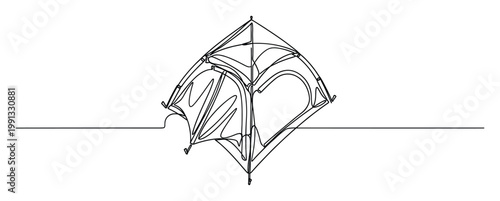 Continuous line drawing of a camping tent symbolizing outdoor adventure and exploration for minimalist graphic uses