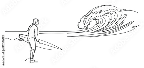 Continuous line drawing of a surfer standing with a board, gazing at a powerful breaking ocean wave, ideal for sports related content.