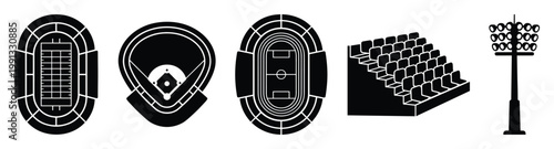 Collection of sport stadium and arena icons with fields seating and floodlights suitable for athletic event visuals and infrastructure presentations