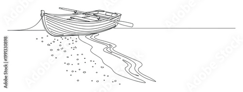 Clean line art depiction of a traditional wooden boat with oars pulled onto a tranquil shore for various graphic applications