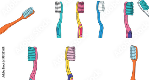 Colorful toothbrush collection with various designs and bristle styles for oral hygiene, dental care, and daily cleaning illustration set