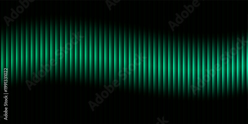 Abstract graphic displays glowing vertical green light bars creating a mesmerizing wave form against deep black fading to transparency offering a futuristic electronic texture.