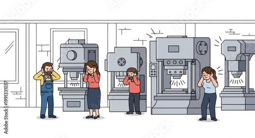 People covering ears near loud industrial machines in factory setting.