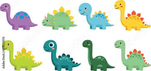 Cute dinosaur cartoon set with colorful baby dino characters stegosaurus and brontosaurus vector illustration for kids