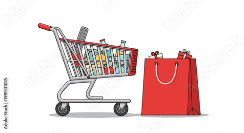 Shopping cart and red paper bag.