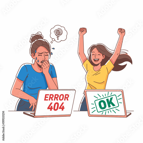 Cartoon illustration showing user frustration with error 404 contrasted against success and digital problem solving concept