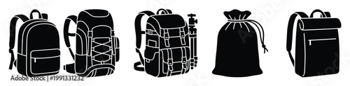 Assortment of diverse backpack designs and storage bags for adventure travel and urban commute solutions