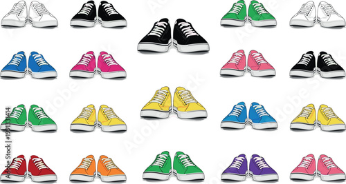 Colorful sneakers collection with casual canvas shoes in different colors for fashion design, streetwear style, and footwear illustration set