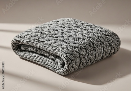 Cozy gray cable knit throw blanket folded on neutral surface with soft shadows.