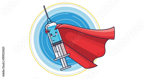 Cartoon medical syringe superhero wearing a red cape.