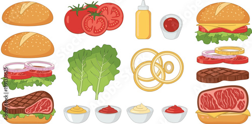Burger Ingredients Collection with Buns, Lettuce, Tomato, Onion Rings, Sauces, Cheese, and Beef Patties for Fast Food Menu Design