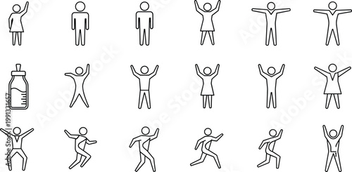 People icon set with human figures gestures poses activities stick characters vector illustration collection minimal outline style