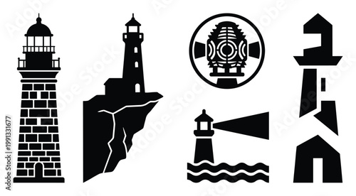 Collection of lighthouse silhouettes and marine navigation beacon icons for maritime safety and travel guidance applications