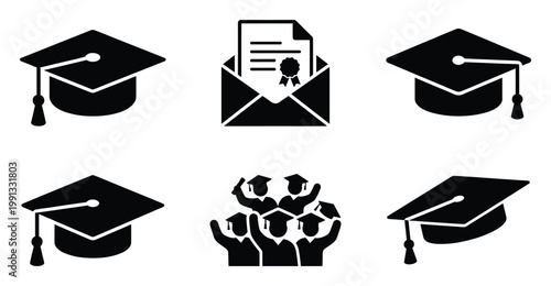 Graduation cap and diploma icons representing academic achievement and educational success for university materials