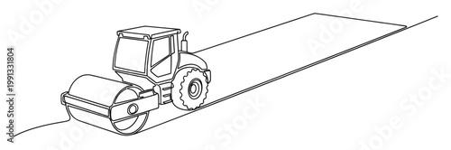 Continuous line drawing of a road roller compacting asphalt on a new road construction site, perfect for infrastructure and heavy machinery projects