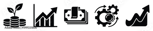 Financial growth, investment, and business development icons representing economic progress and market success.