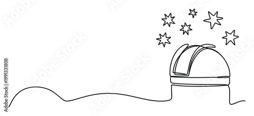 Continuous line art of an observatory dome under shining stars, perfect for science and education materials.
