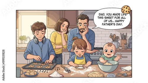 Family's Sweet Moments: A heartwarming illustration of a family bonding and crafting cookies together in the kitchen, emphasizing love, togetherness and celebration of the father's day.