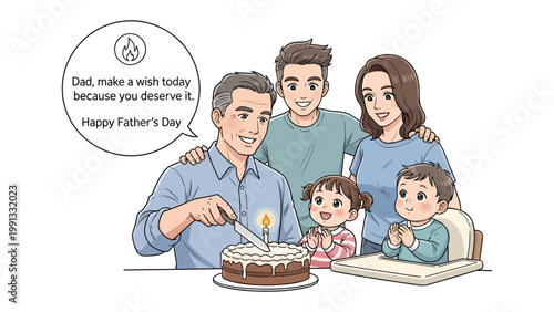 Father's Day Celebration: A heartwarming scene unfolds as a family gathers to celebrate Father's Day, centered around a cake and a shared moment of joy. The illustration conveys love and appreciation.