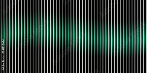 Abstract graphic displays glowing vertical green light bars creating a mesmerizing wave form against deep black fading to transparency offering a futuristic electronic texture.