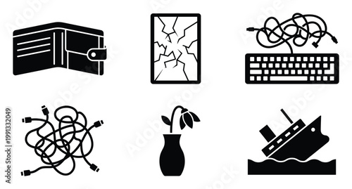 Glyph icons representing various problems, challenges, and failures for digital content and presentations.