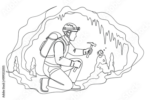 Caver with headlamp and hammer exploring a subterranean cavern, collecting rock samples for scientific study and educational content