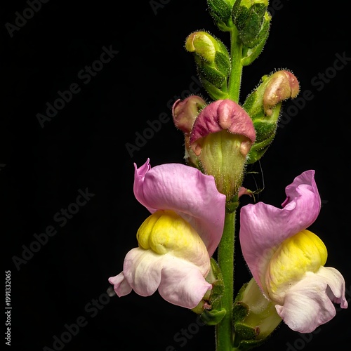 A close-up of a flower stem with pink and yellow blooms