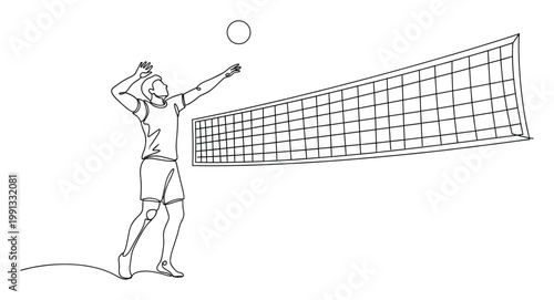 Continuous line drawing featuring a male volleyball player serving a ball over a net for sports and fitness branding.