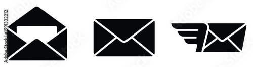 Black silhouette email and mail icons representing instant communication for web and application interfaces.