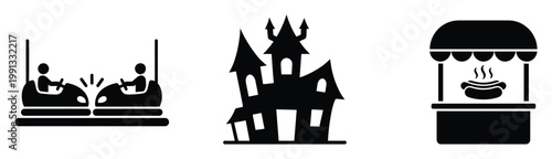 Carnival entertainment icons with crashing bumper cars spooky haunted house and hot dog stand for leisure park advertisements