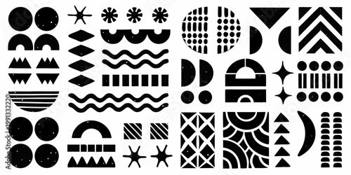 Abstract arrangement of black geometric shapes on a white background