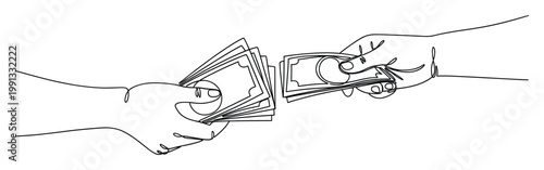 Hands exchanging cash in a oneline drawing symbolizing business transactions, payment, and financial services for various uses.