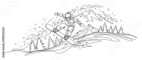 Dynamic one line drawing of a snowboarder jumping over snowy mountains and pine trees for winter sport promotions
