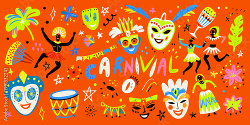 A vibrant and colorful illustration depicting a lively carnival celebration