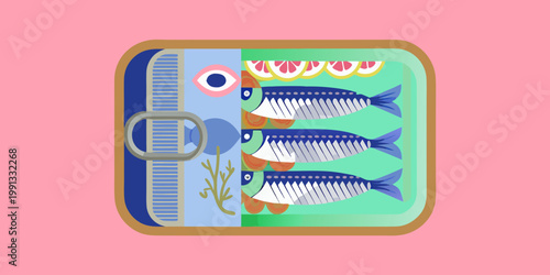 Stylized illustration of sardines in a retro open tin can