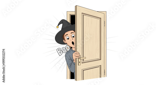 cartoon man in jester hat peeking from behind a door with a surprised expression and saying Boo