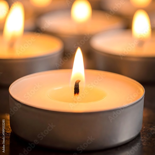 A close-up of a lit tealight candle surrounded by others