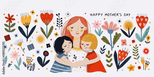 A heartwarming illustration of a mother and two daughters embracing love