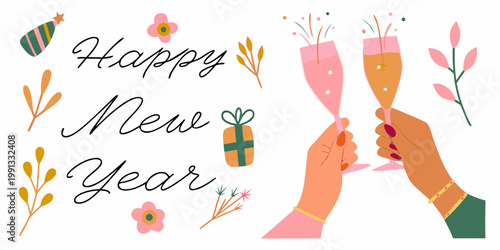 Festive new year illustration with champagne gift and floral elements