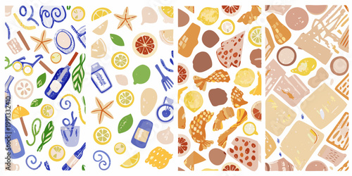 Colorful summer pattern with fruits drinks and seaside elements