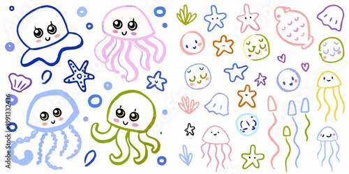 Cute hand drawn kawaii jellyfish and sea life illustrations on white background